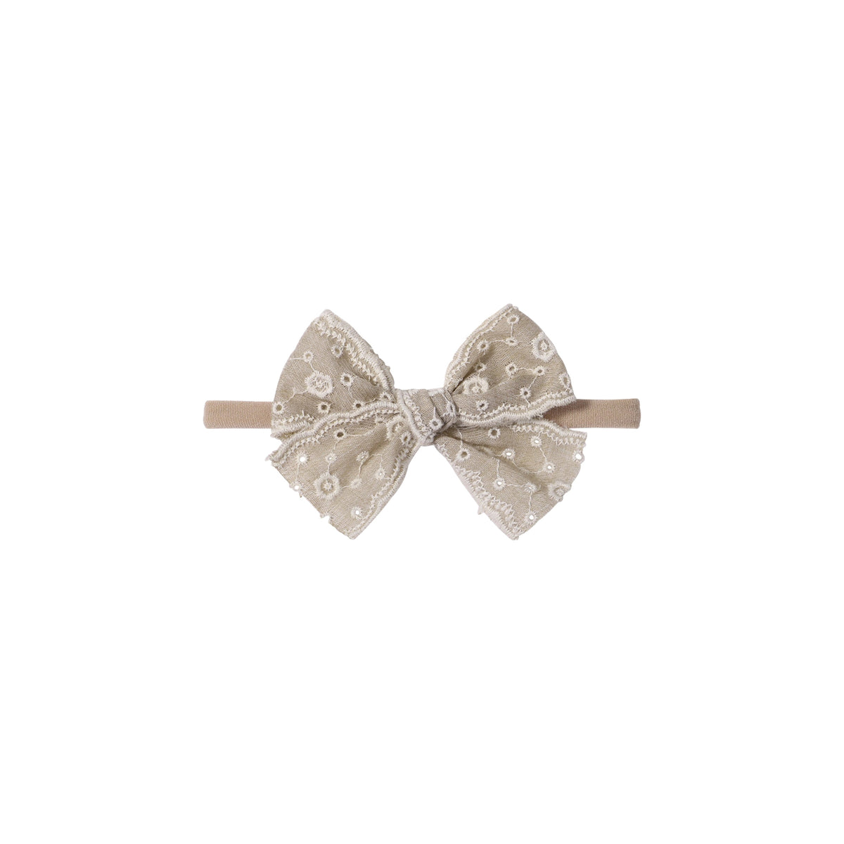 Dorothea eyelet baby bow headband in latte, thick broderie anglaise bow with embroidered flower eyelets and scalloped edges on a soft nylon band, Sommerfugl Kids