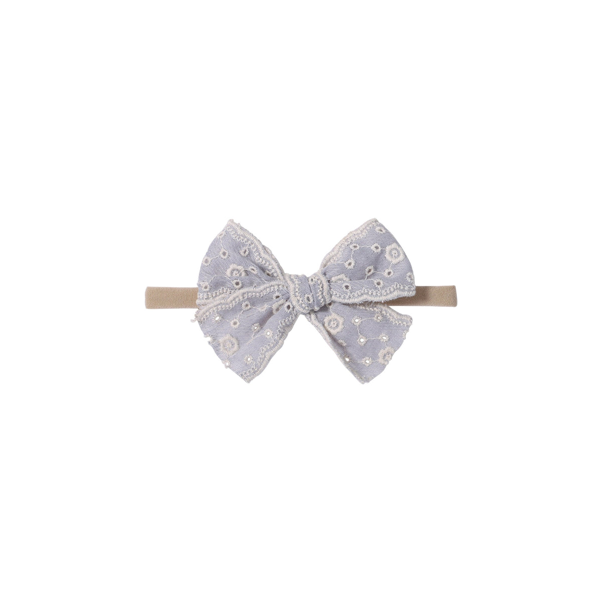 Dorothea eyelet baby bow headband in light blue, thick broderie anglaise bow with embroidered flower eyelets and scalloped edges on a soft nylon band, Sommerfugl Kids