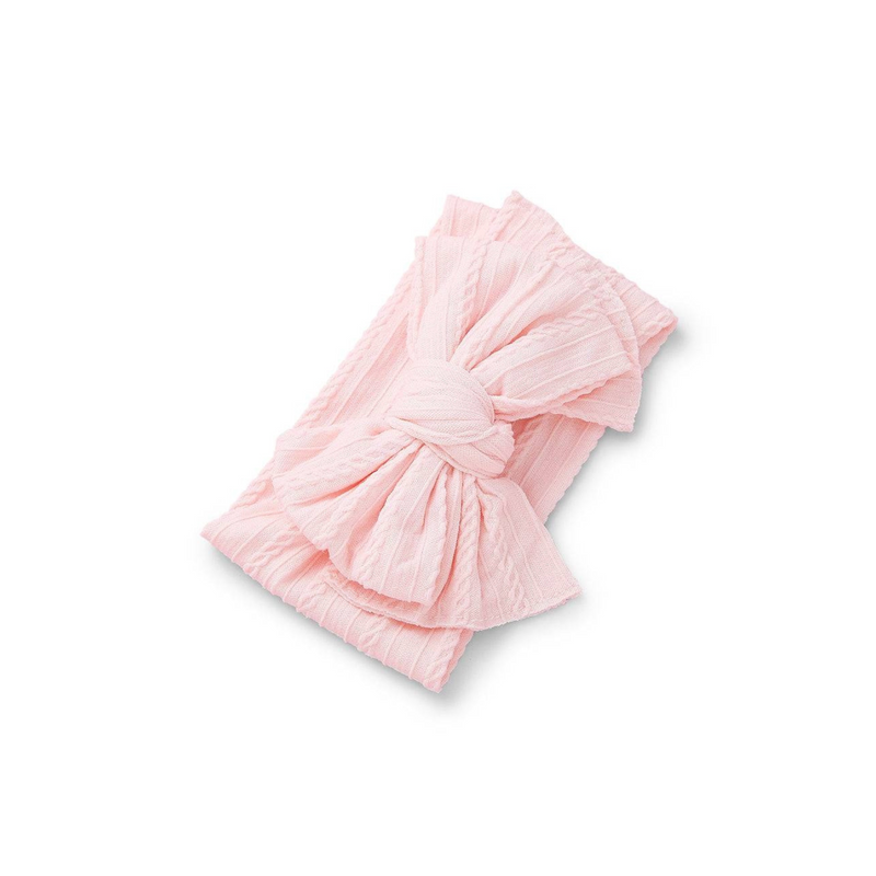 fairy floss pink ribbed knit baby headband with re-tieable oversized double bow, designed for newborns and toddlers