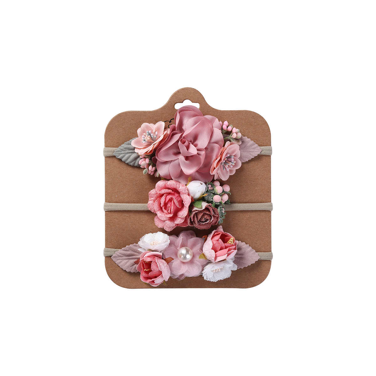 Three blush pink rose, berry and pearl floral baby headbands from the Florence blush set