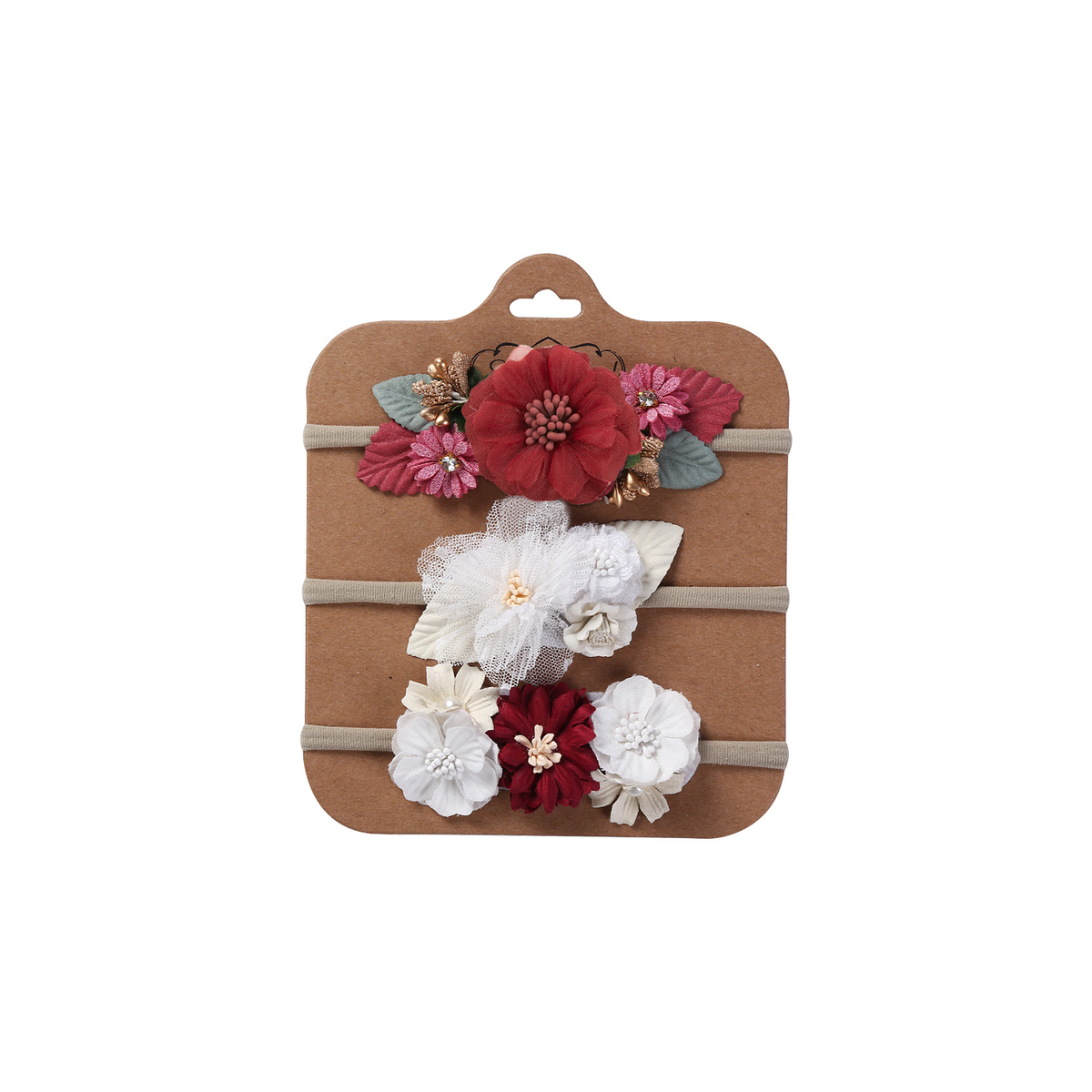 Three red and white floral baby headbands with gold berries from the Florence cherry set