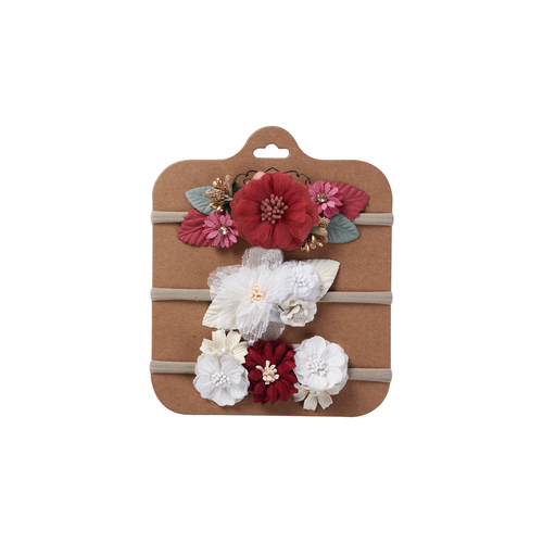 Three red and white floral baby headbands with gold berries from the Florence cherry set