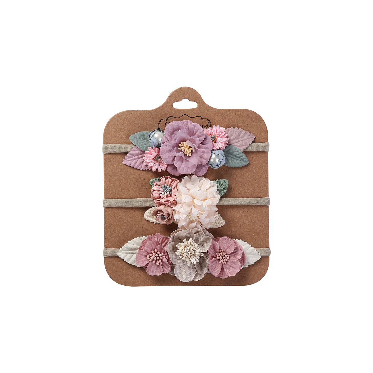 Three mauve and pink floral baby headbands with pearl buds from the Florence orchid set