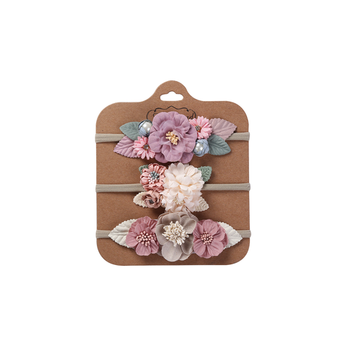 Three mauve and pink floral baby headbands with pearl buds from the Florence orchid set