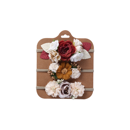 Three red rose, mustard and cream floral baby headbands from the Florence rouge set