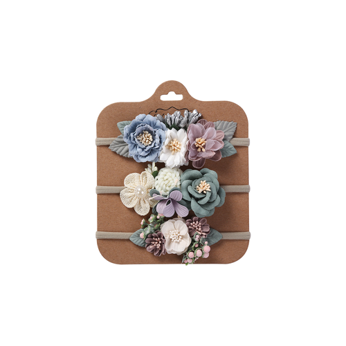 Three sage green, dusty blue and lilac floral baby headbands from the Florence sage set