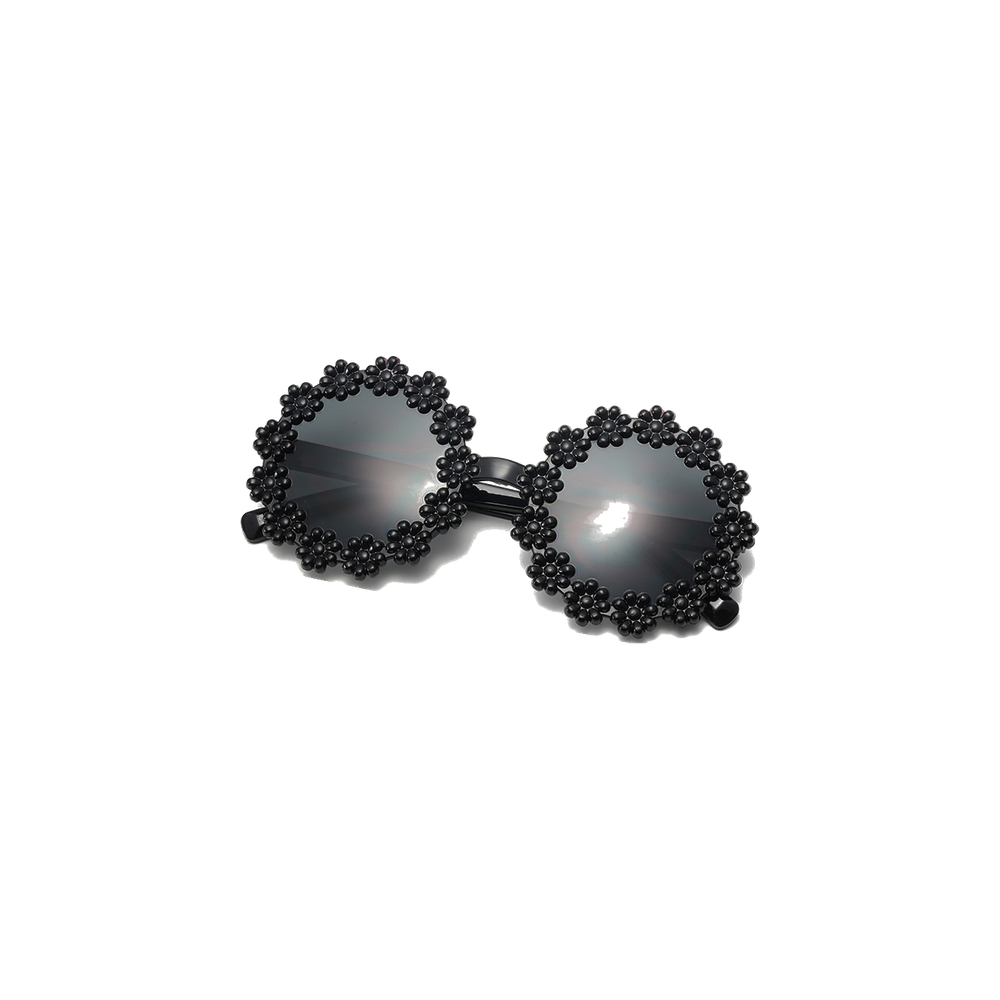 Flossie daisy baby sunglasses in black, round black frames ringed with little daisies, Sommerfugl Kids