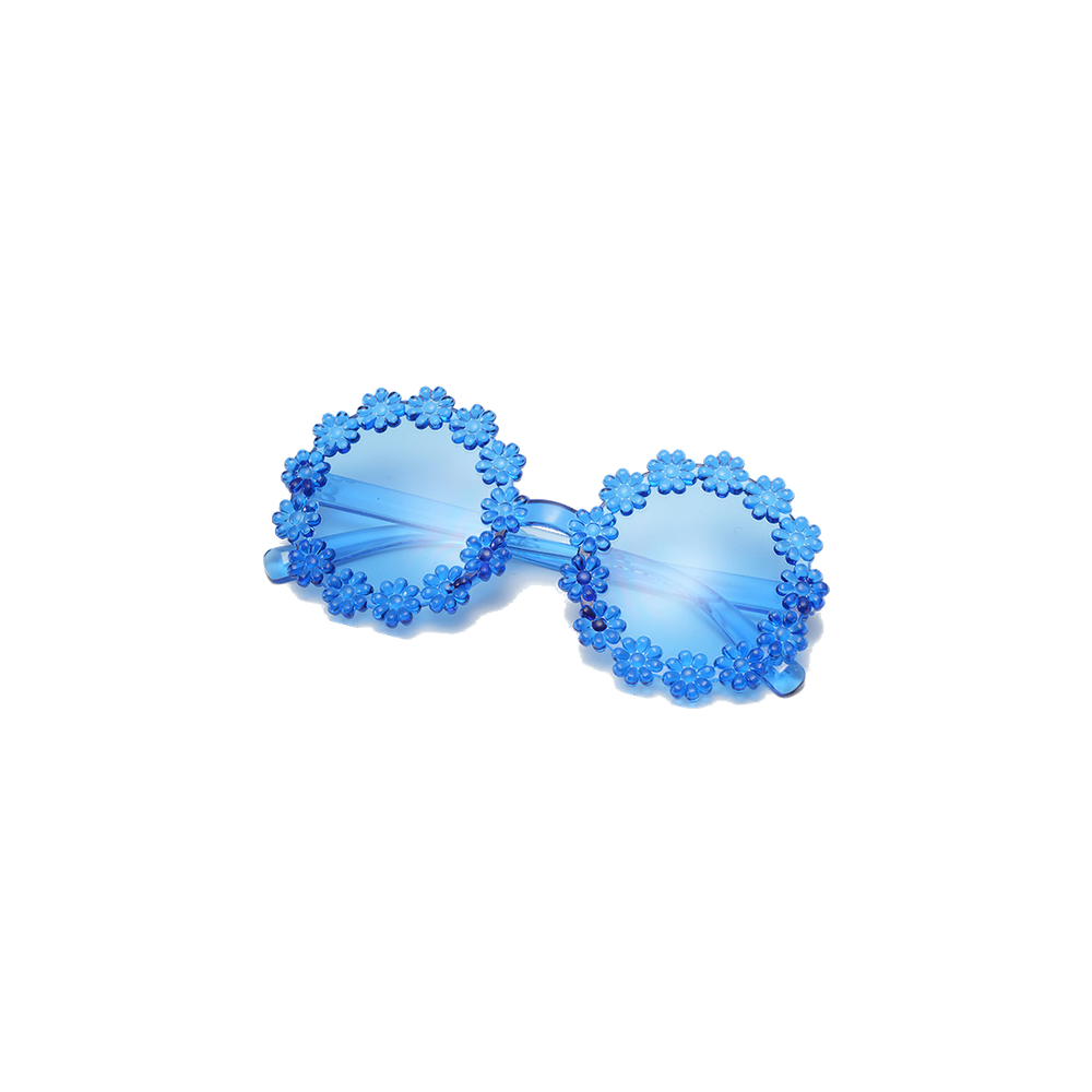 Flossie daisy baby sunglasses in cornflower blue, round cornflower blue frames ringed with little daisies, Sommerfugl Kids
