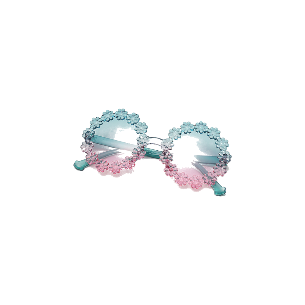 Flossie daisy baby sunglasses in cruise blue and pink, round blue green to pink two tone frames ringed with little daisies, Sommerfugl Kids