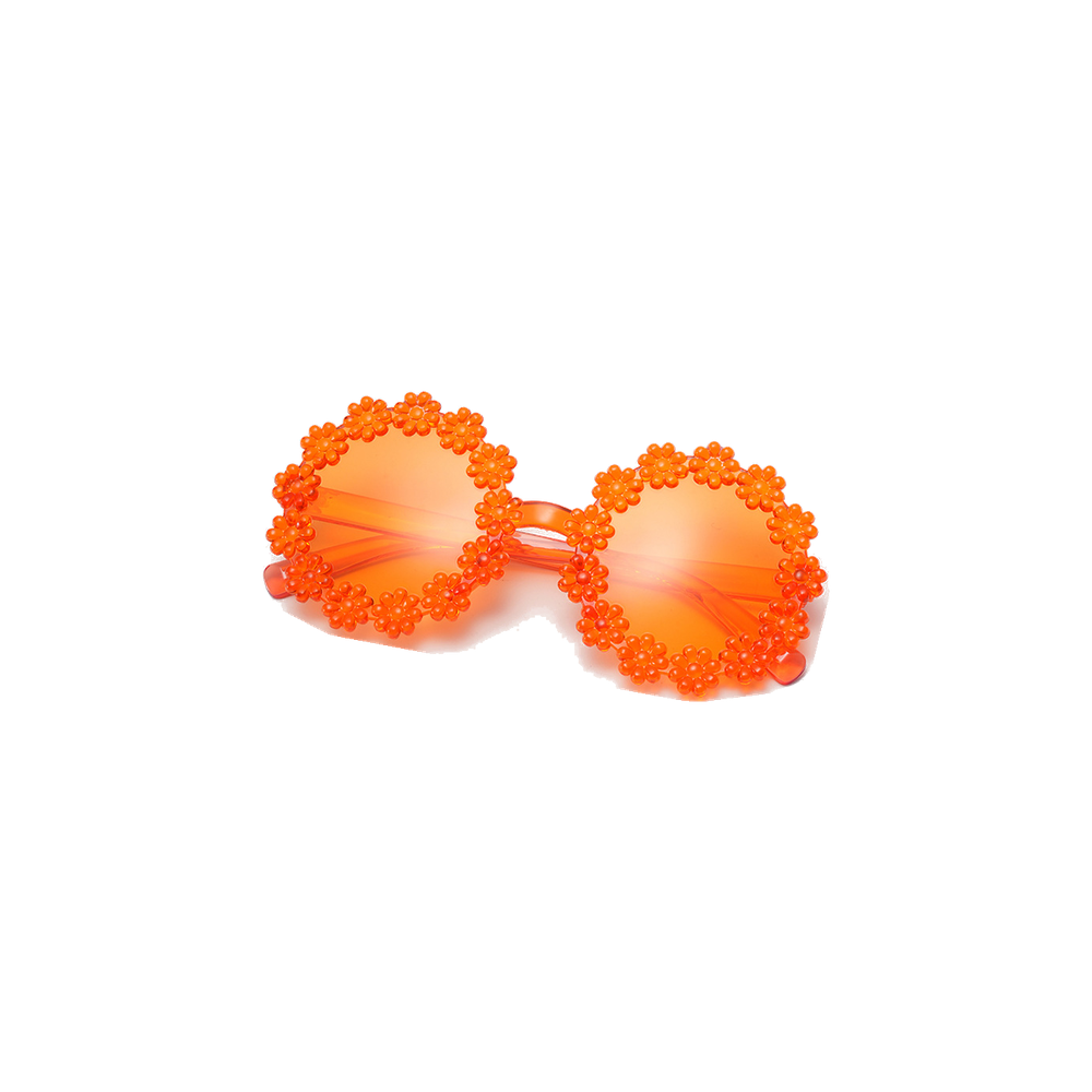 Flossie daisy baby sunglasses in orange, round bright orange frames ringed with little daisies, Sommerfugl Kids