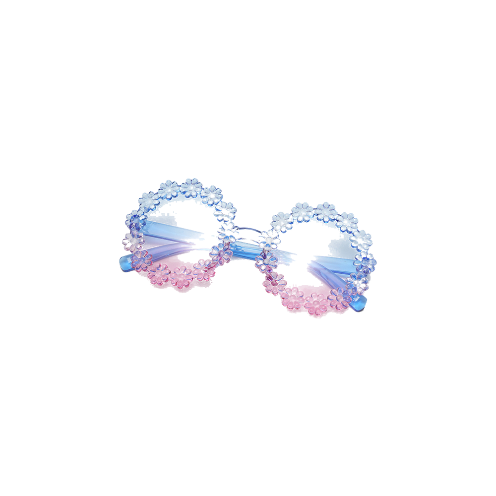 Flossie daisy baby sunglasses in powder blue and pink, round powder blue to pink two tone frames ringed with little daisies, Sommerfugl Kids