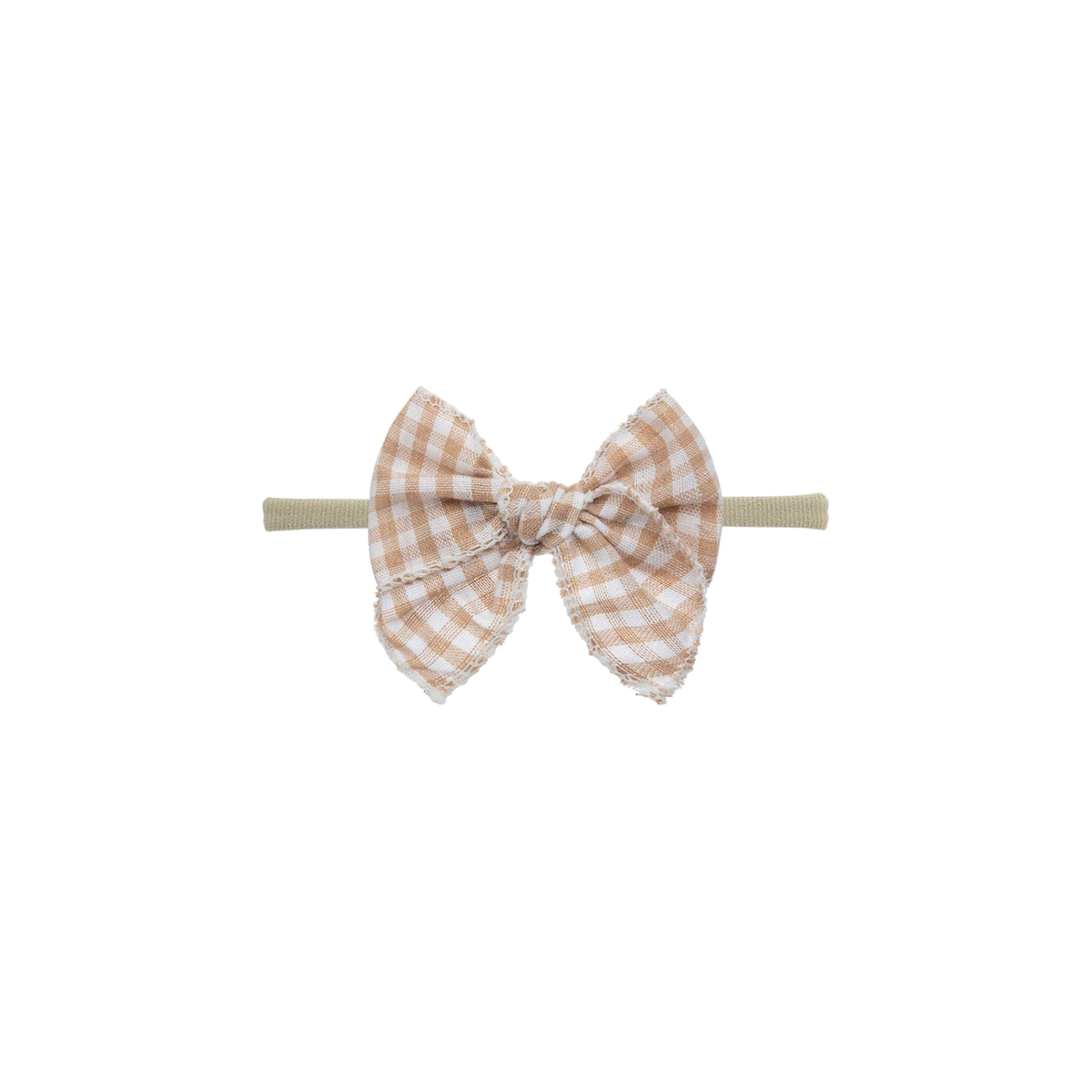 Frankie baby bow headband in sand gingham, an oversized bow on a thin nylon band