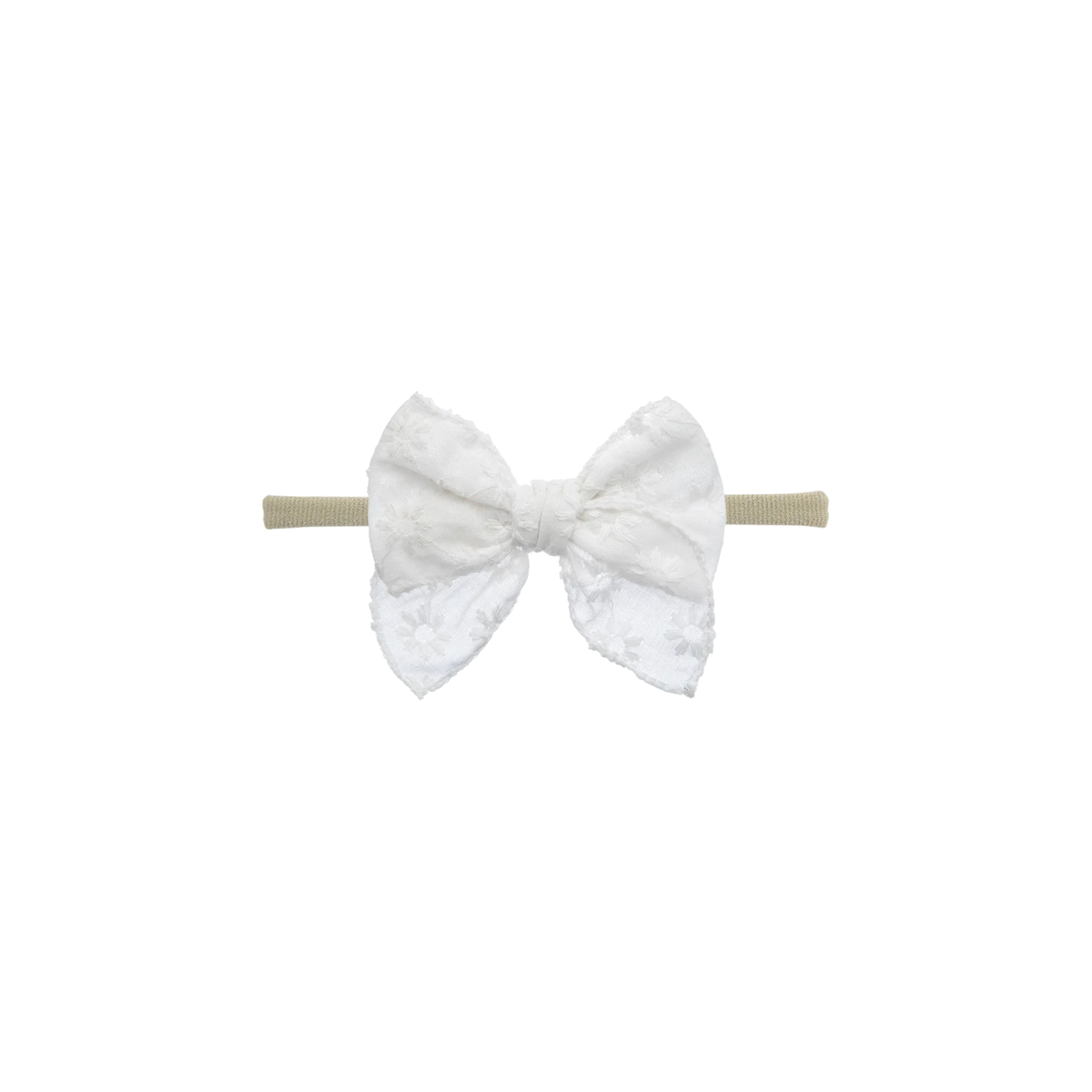 Frankie baby bow headband in snow white embroidered, an oversized bow on a thin nylon band