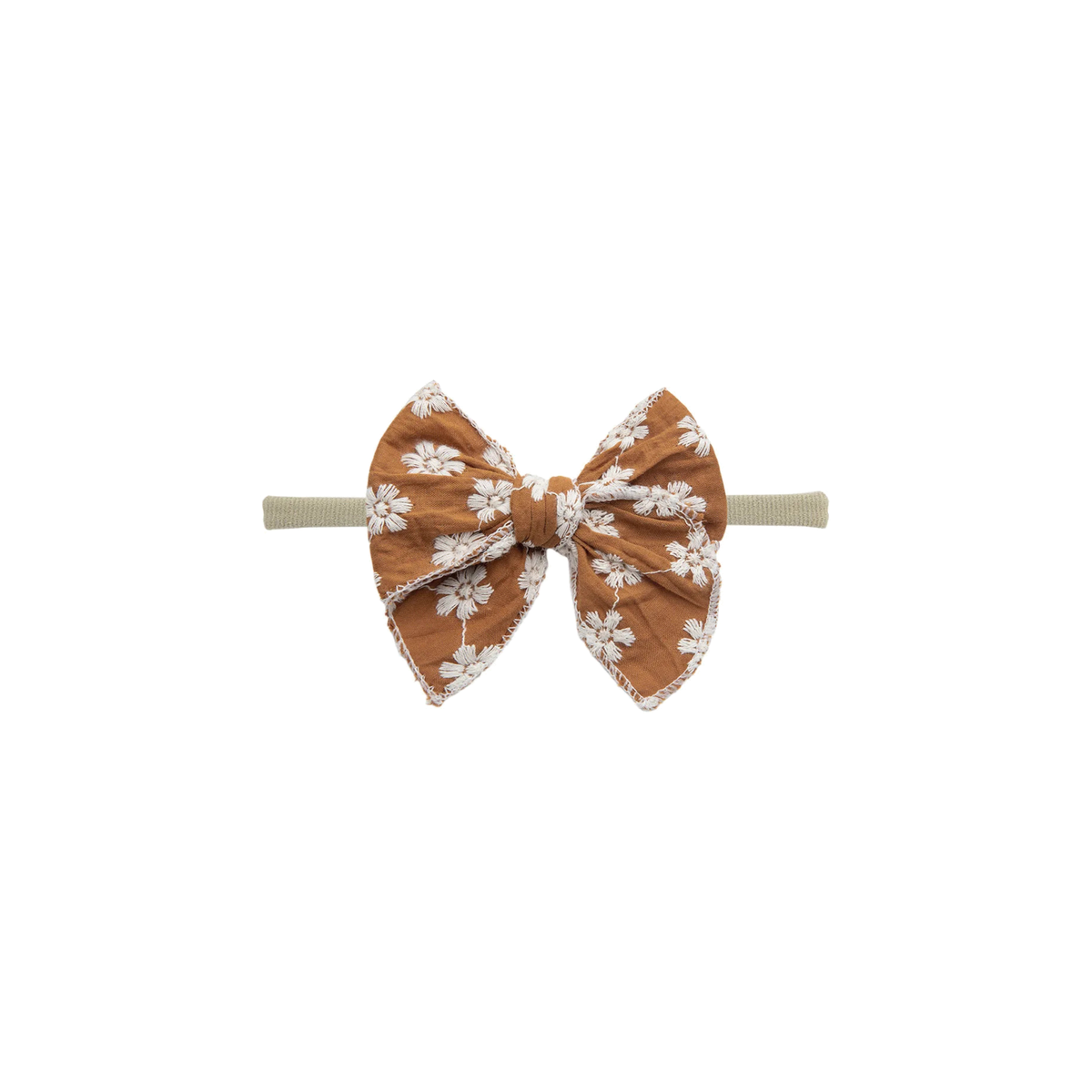Frankie baby bow headband in toffee bloom, an oversized bow on a thin nylon band