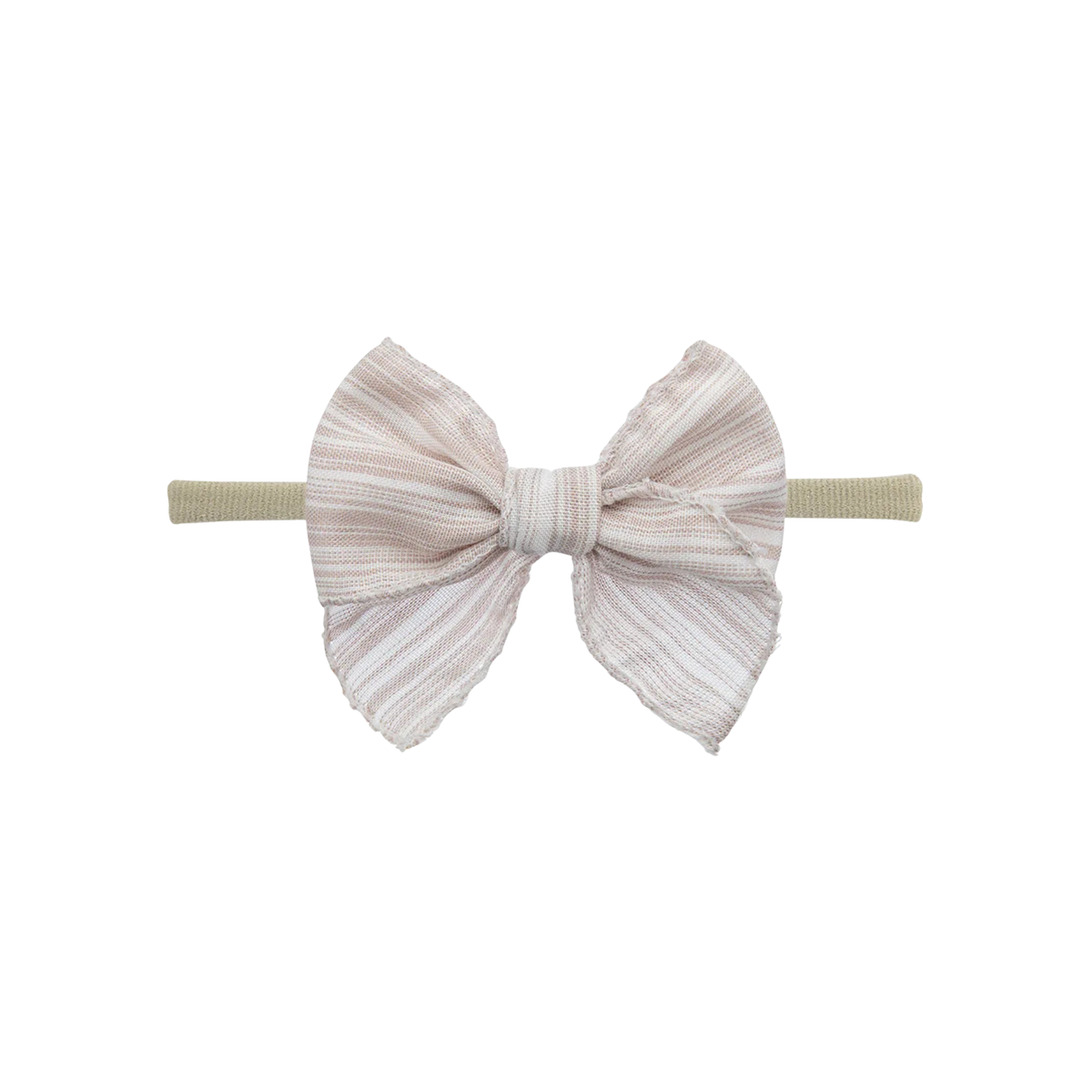 Blush and white stripe oversized bow baby headband on thin nylon band