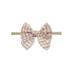 Sand gingham check oversized bow baby headband on thin nylon band