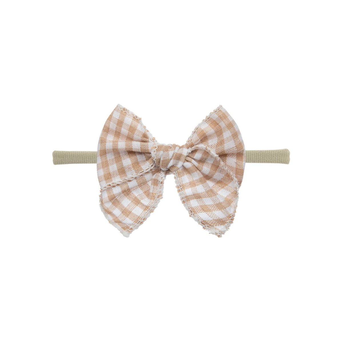 Sand gingham check oversized bow baby headband on thin nylon band