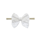 Snow white embroidered oversized bow baby headband on thin nylon band