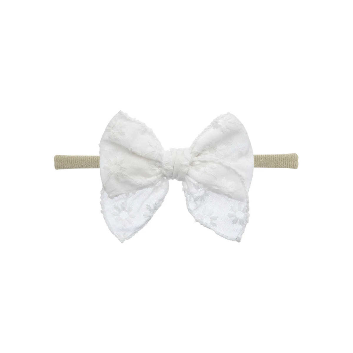 Snow white embroidered oversized bow baby headband on thin nylon band