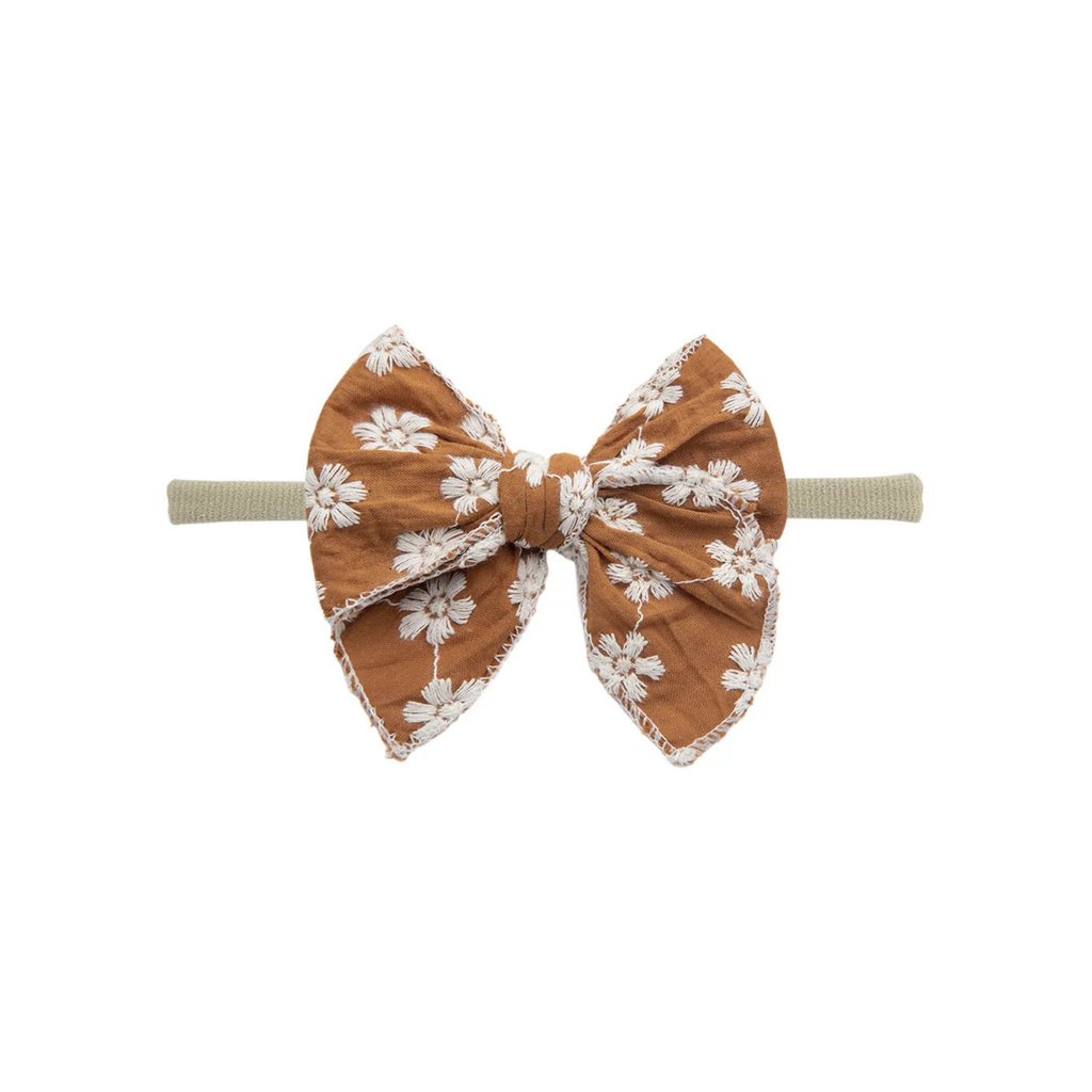 Toffee bloom floral oversized bow baby headband on thin nylon band