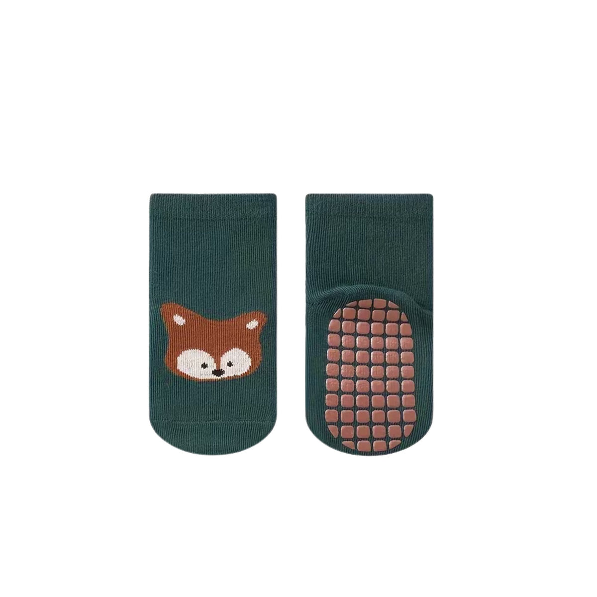 Ginger fox baby grip socks in pine green, orange fox face knitted on the side and terracotta grip dots on the sole, Sommerfugl Kids