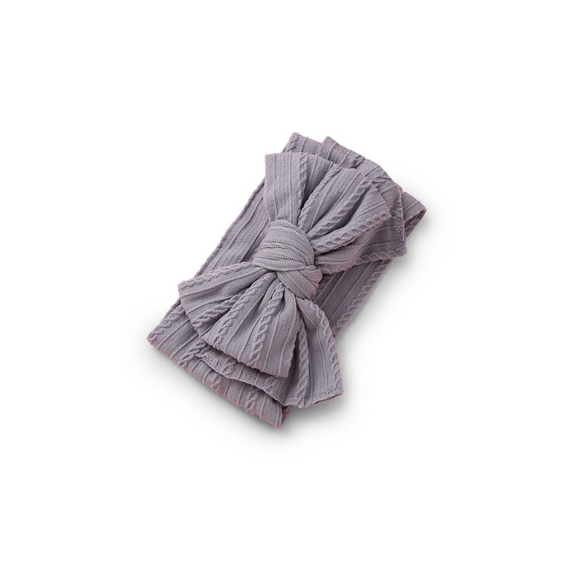 grey ribbed knit baby headband with re-tieable oversized double bow, designed for newborns and toddlers