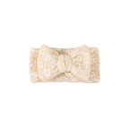 Cream lace floral baby headband with bow detail — Harlow Lace Bow Headband on white background