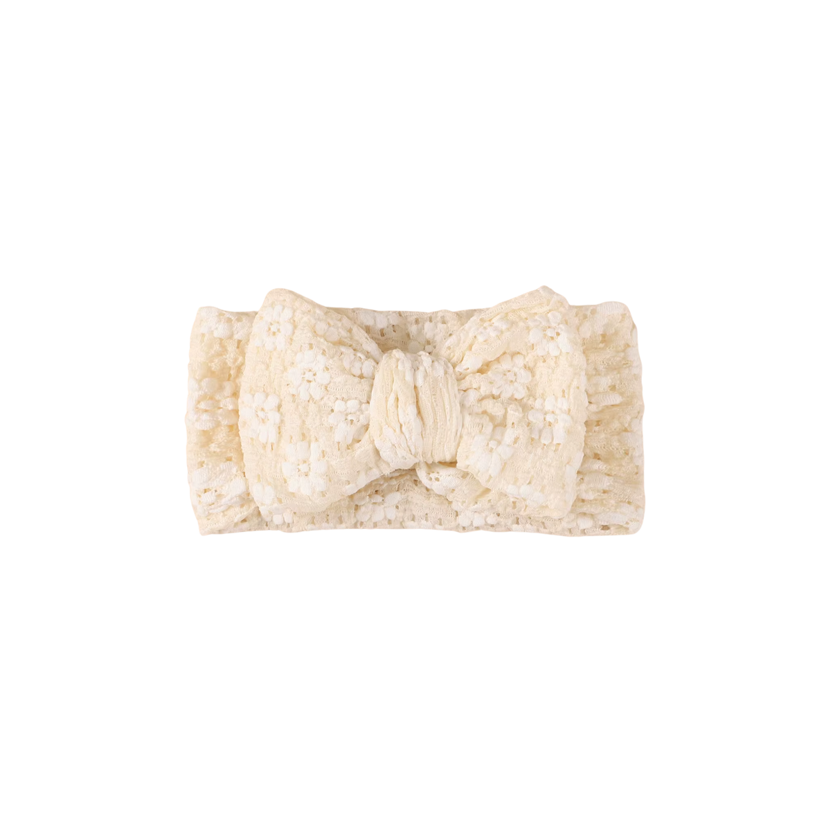 Cream lace floral baby headband with bow detail — Harlow Lace Bow Headband on white background