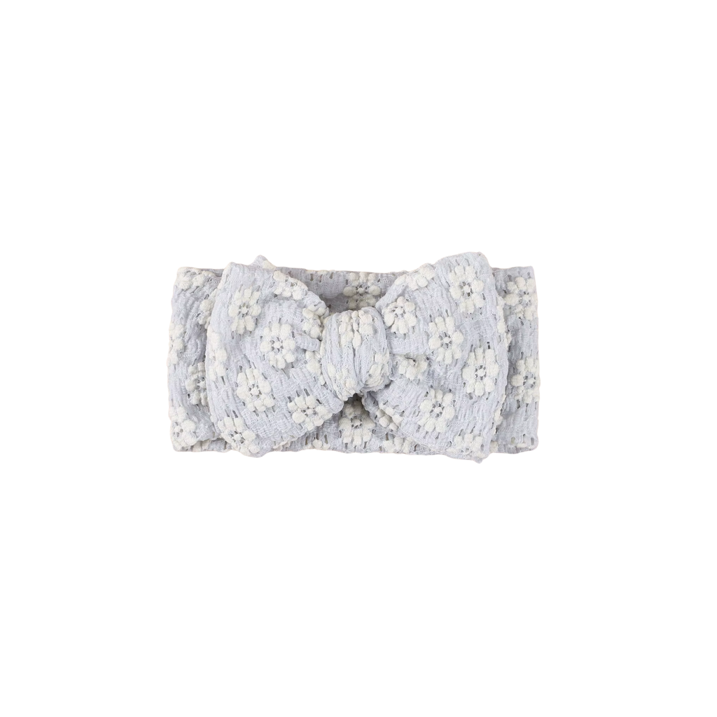 Ice blue lace floral baby headband with bow detail — Harlow Lace Bow Headband on white background
