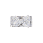 Ice blue lace floral baby headband with bow detail — Harlow Lace Bow Headband on white background