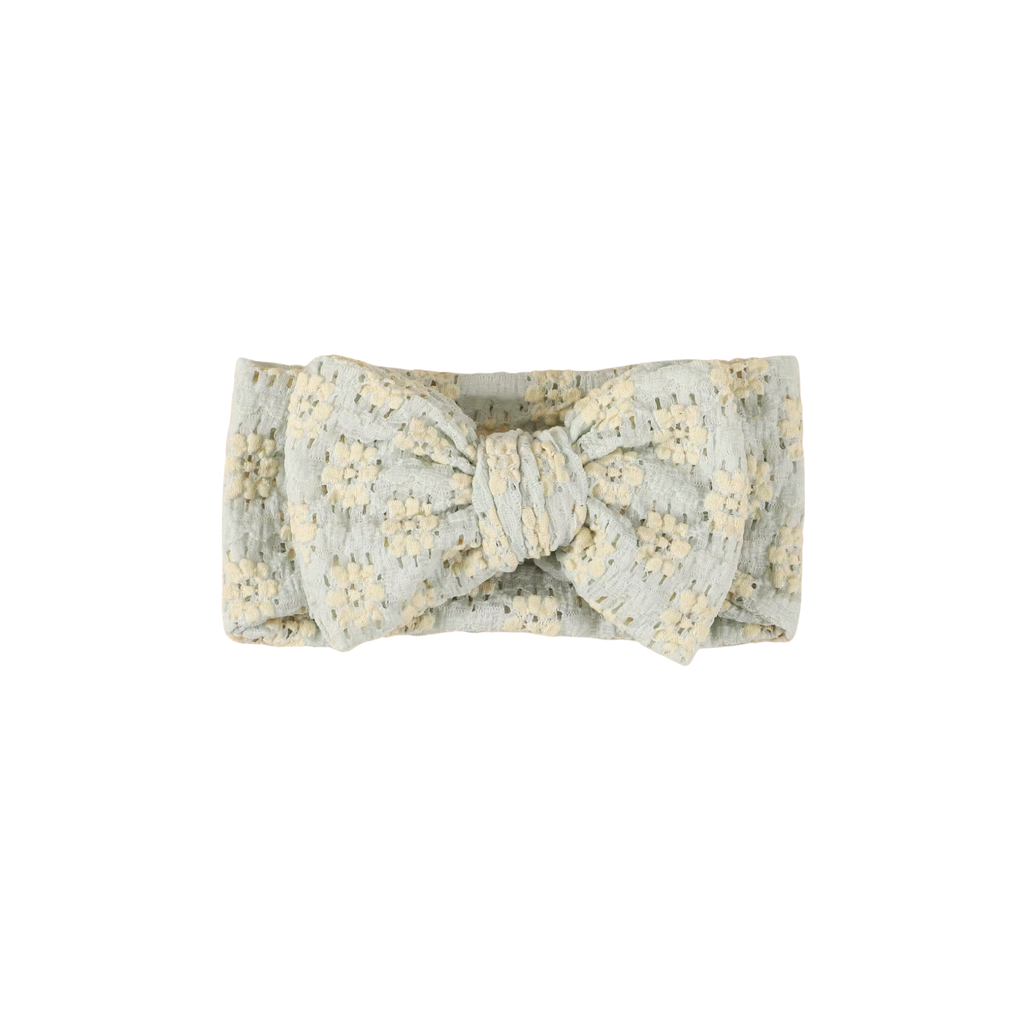 Sage mist lace floral baby headband with bow detail — Harlow Lace Bow Headband on white background