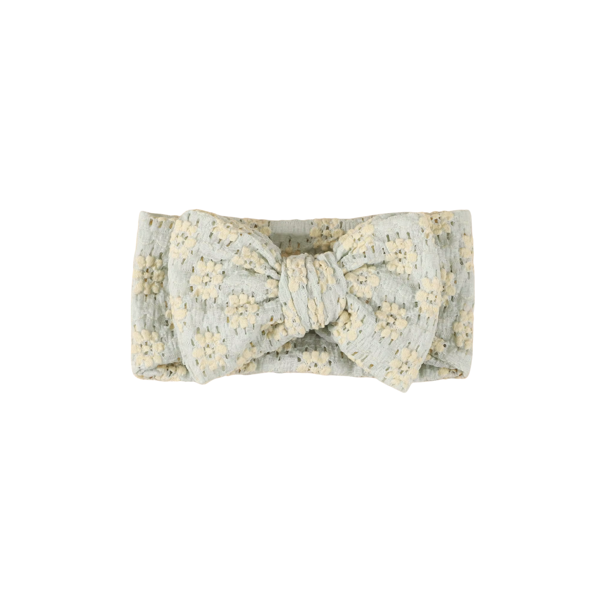 Sage mist lace floral baby headband with bow detail — Harlow Lace Bow Headband on white background