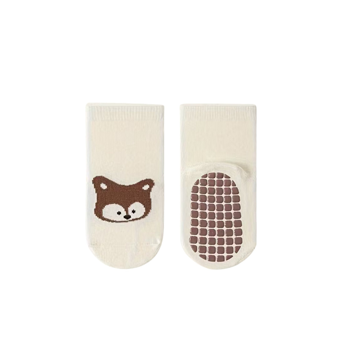 Hazel fox baby grip socks in ivory, chocolate brown fox face knitted on the side and brown grip dots on the sole, Sommerfugl Kids
