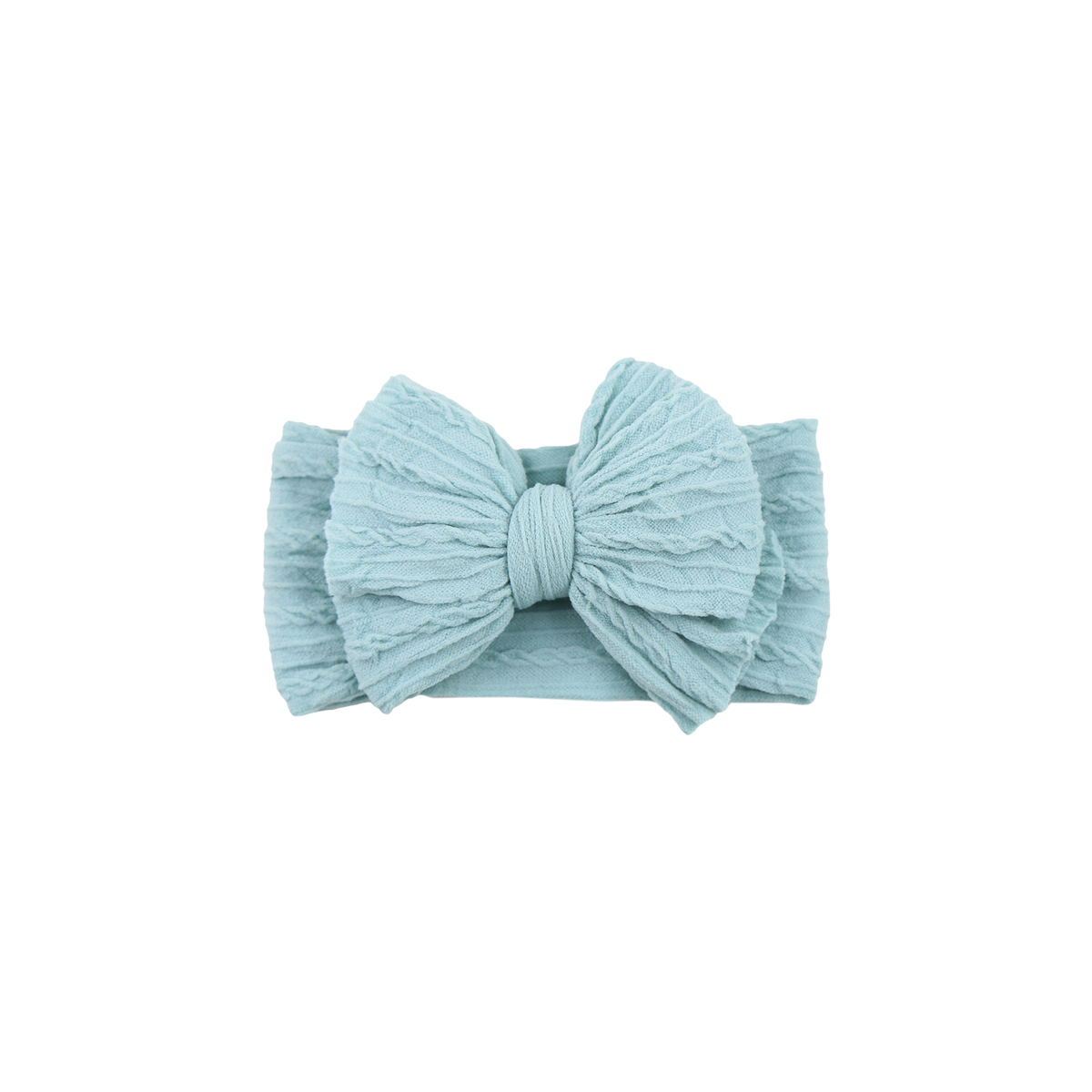 Jolene stitched double bow cable knit baby headband in cruise blue