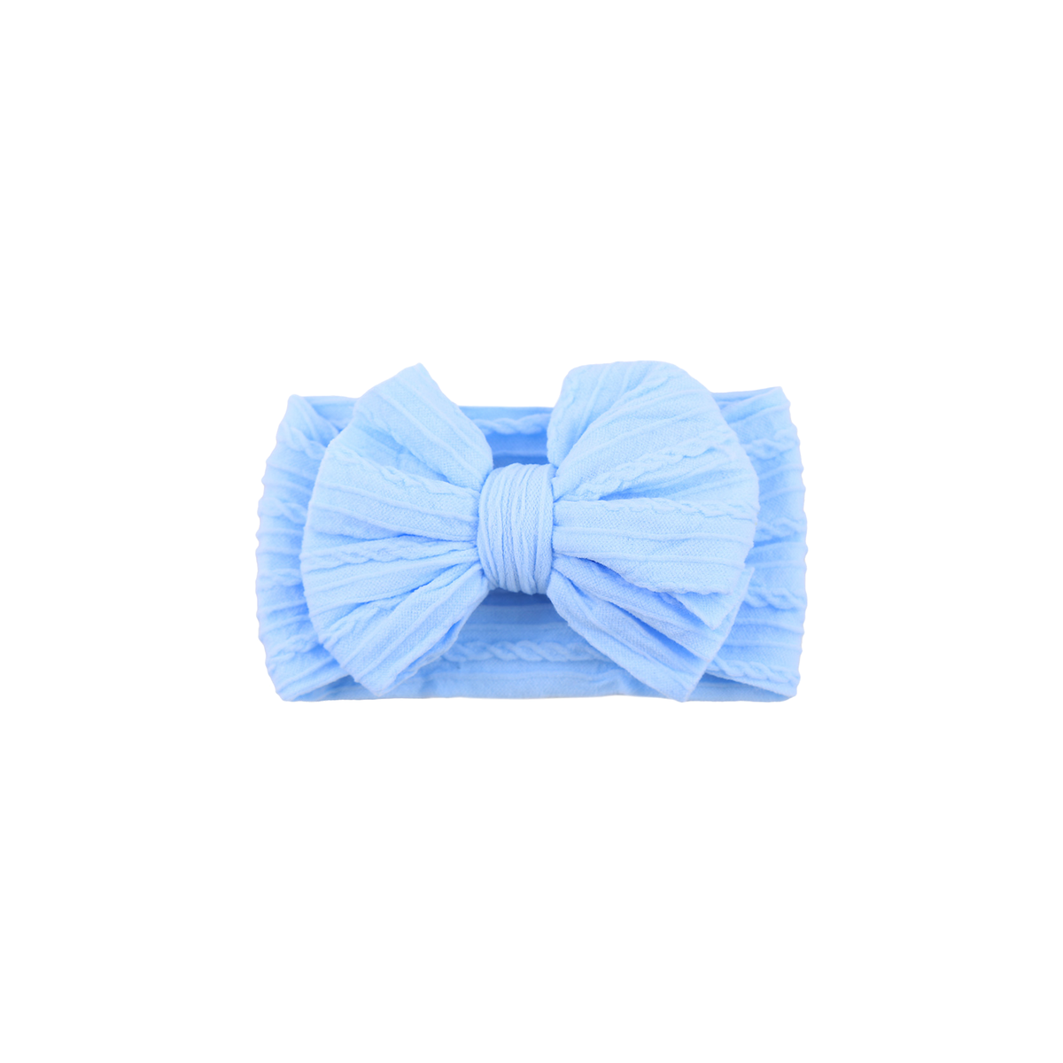 Jolene stitched double bow cable knit baby headband in light blue