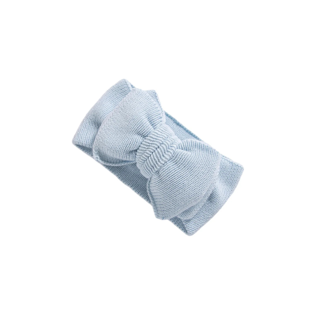 Sky blue cotton oversized bow baby headband — Stevie Baby Bow Headband on white background