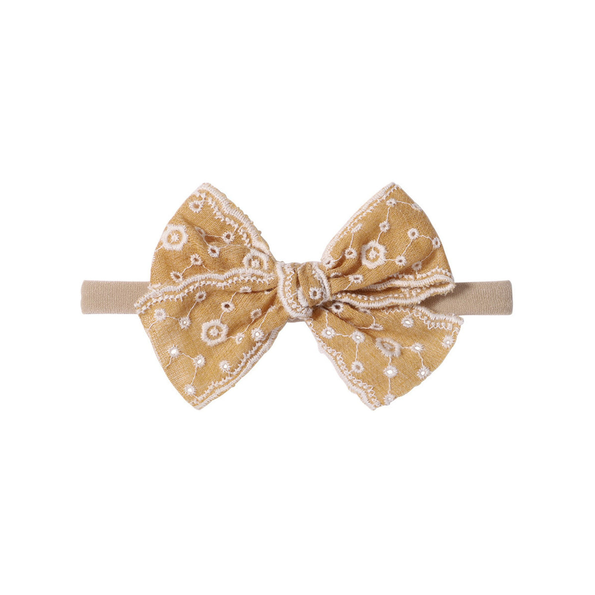 Lacey eyelet baby bow headband in mustard, broderie anglaise bow with cream embroidered eyelets and scalloped edges on a soft nylon band, Sommerfugl Kids
