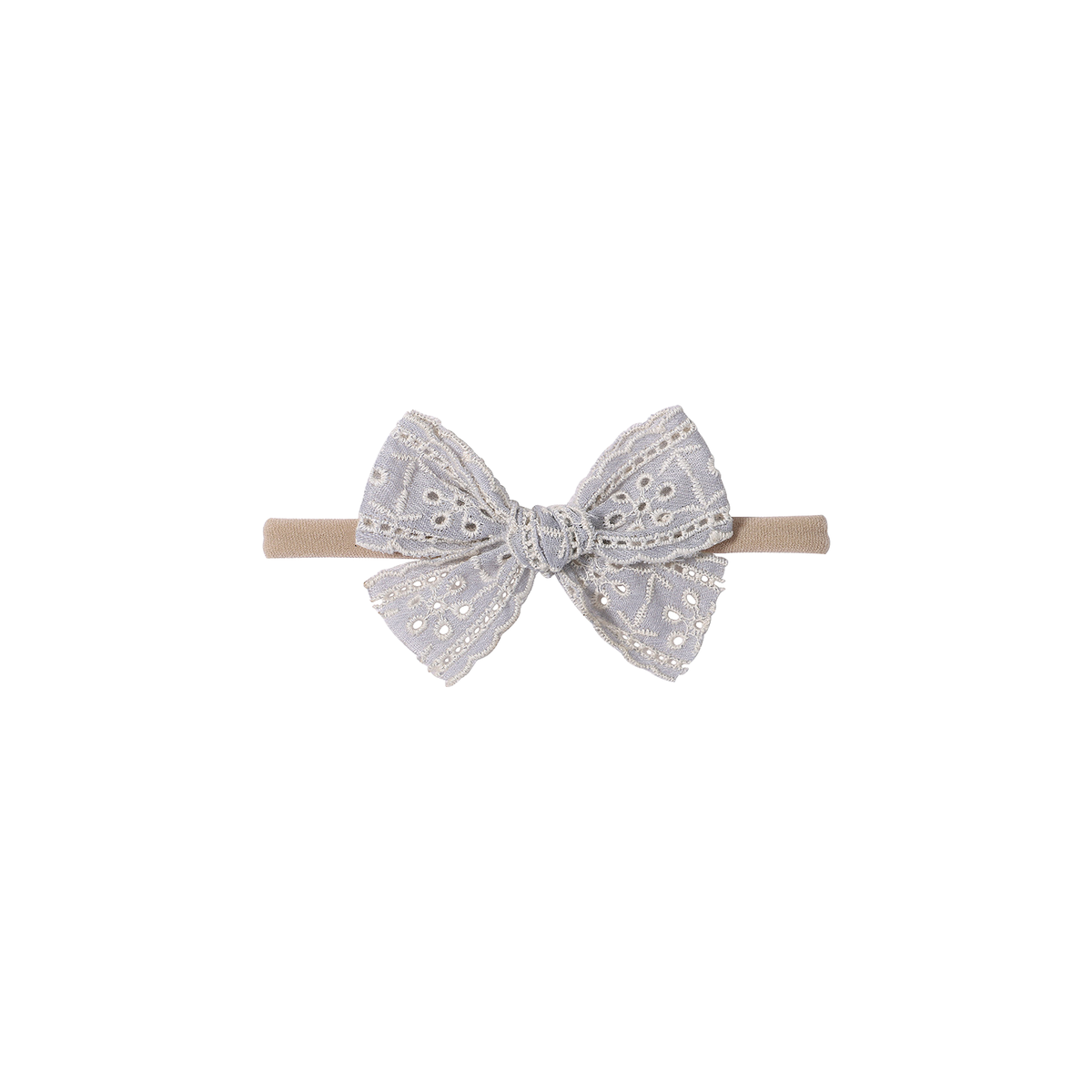 Lacey eyelet stripe baby bow headband in pale grey, soft grey broderie anglaise bow with cream eyelet ladders and scalloped edges on a soft nylon band, Sommerfugl Kids