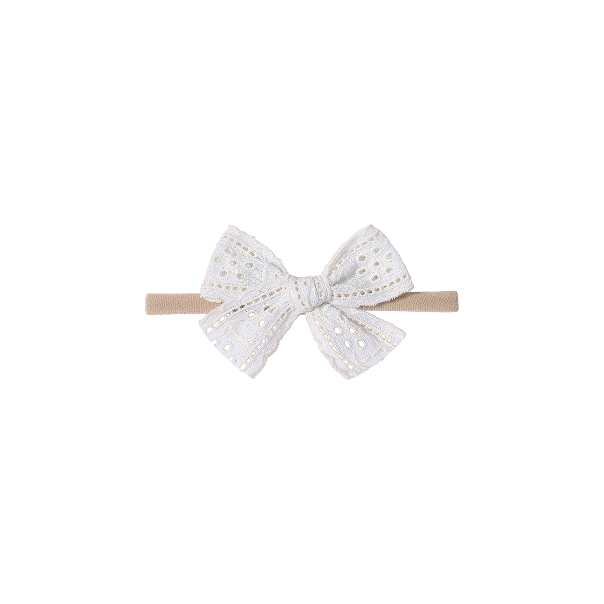 Lacey eyelet stripe baby bow headband in white, broderie anglaise bow with eyelet ladder stripes and scalloped edges on a soft nylon band, Sommerfugl Kids