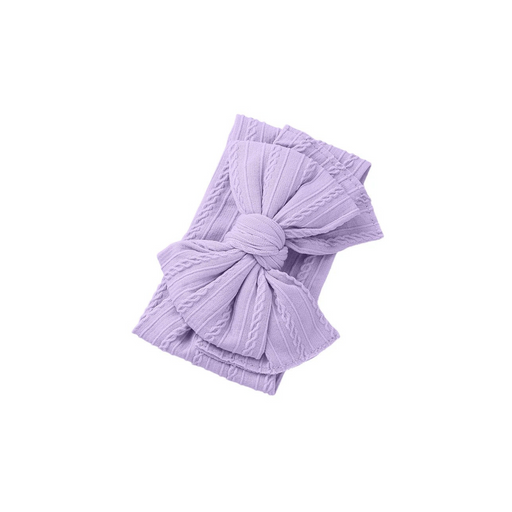 Bowie Double Bow baby headband in Lavender , soft ribbed knit with re-tieable double bow