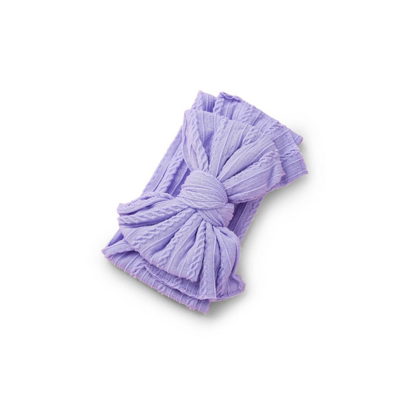 lilac purple ribbed knit baby headband with re-tieable oversized double bow, designed for newborns and toddlers