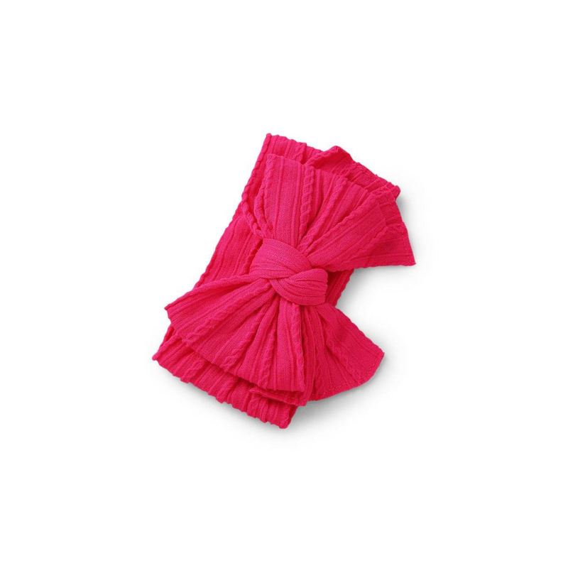 lipstick ribbed knit baby headband with re-tieable oversized double bow, designed for newborns and toddlers