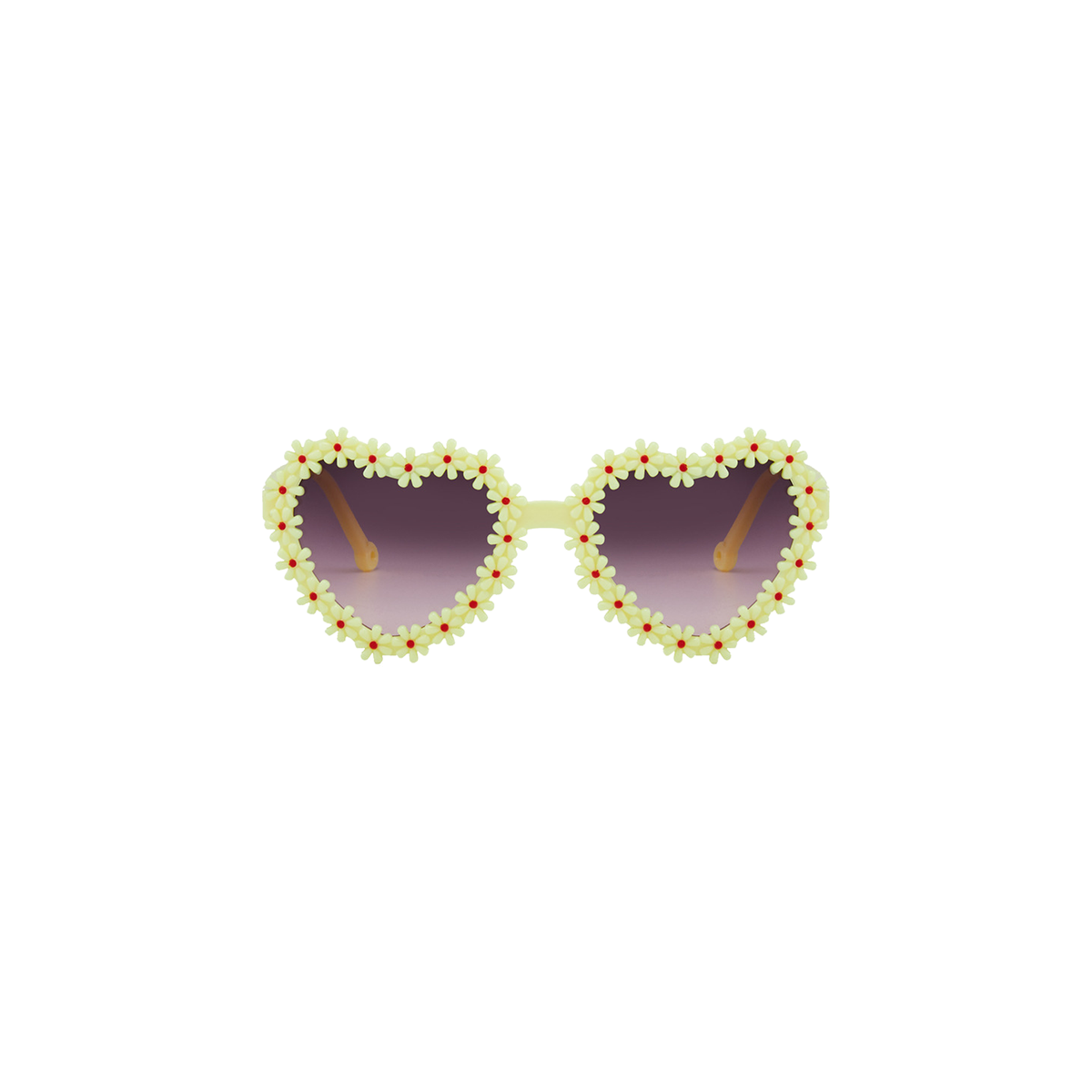 Lola heart daisy baby sunglasses in pale lemon yellow, heart shaped frames edged with little daisies