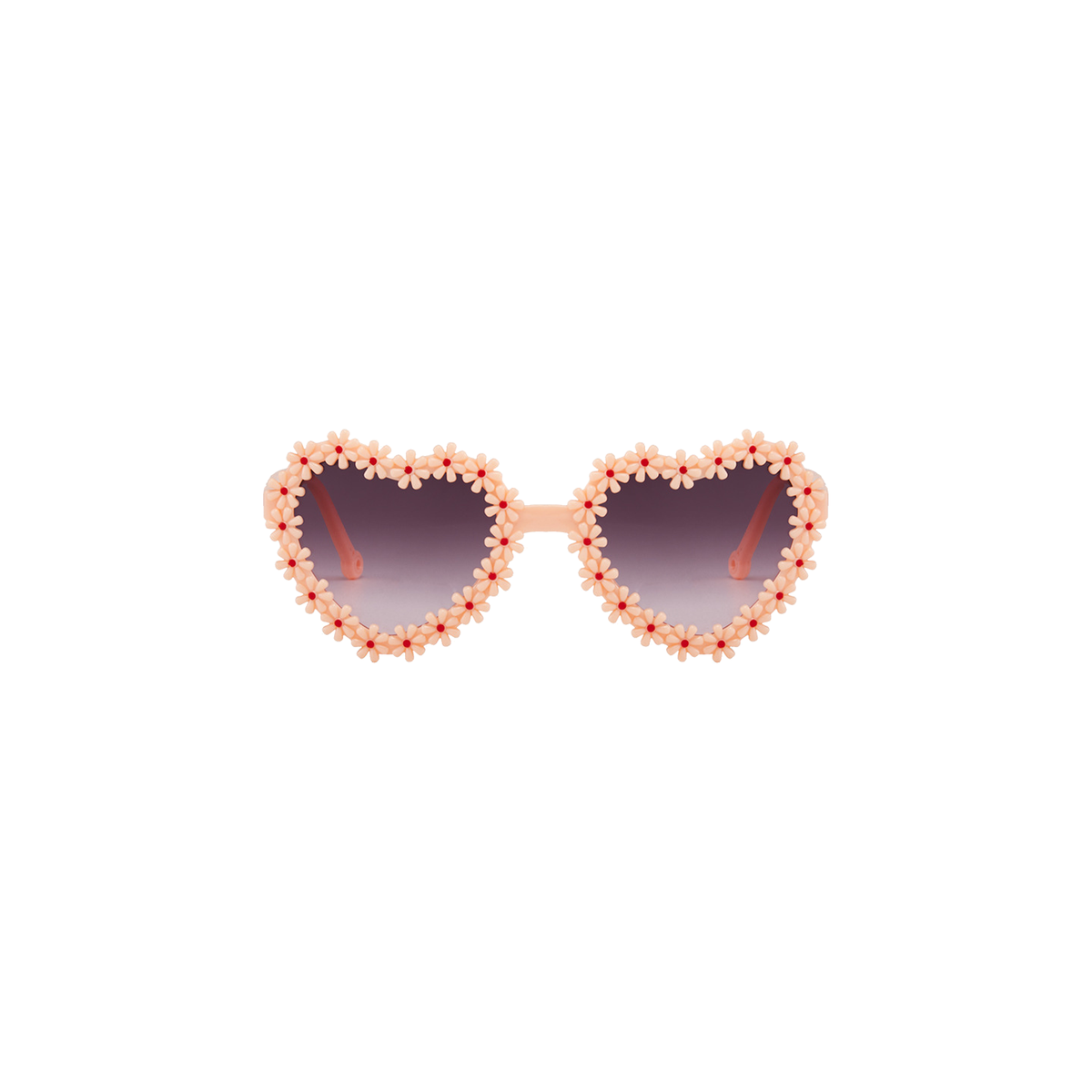 Lola heart daisy baby sunglasses in soft peach, heart shaped frames edged with little daisies