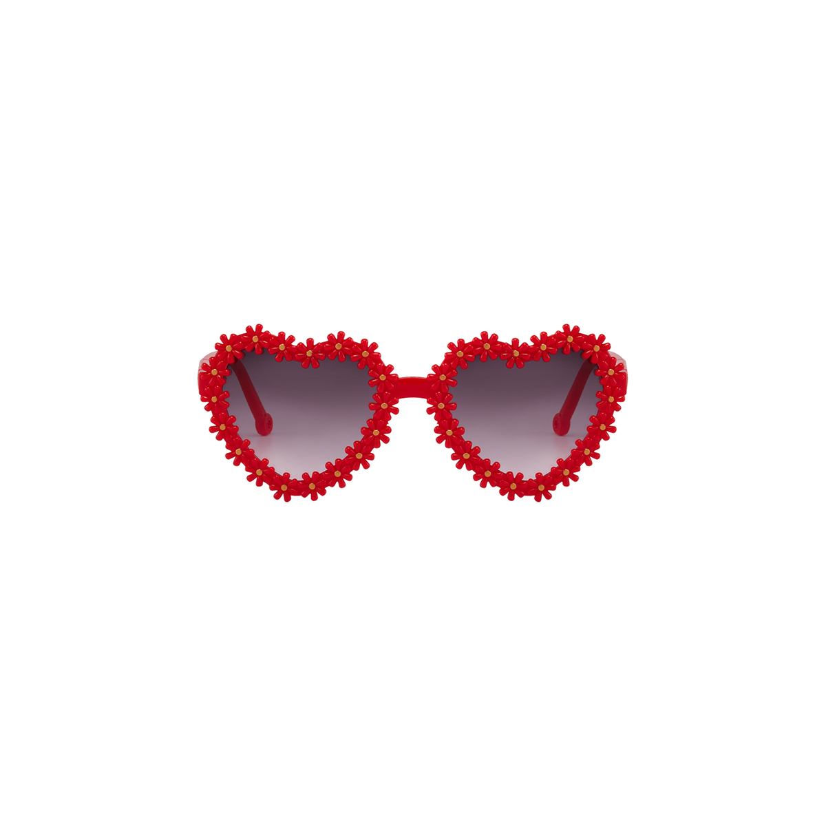 Lola heart daisy baby sunglasses in strawberry red, heart shaped frames edged with little daisies