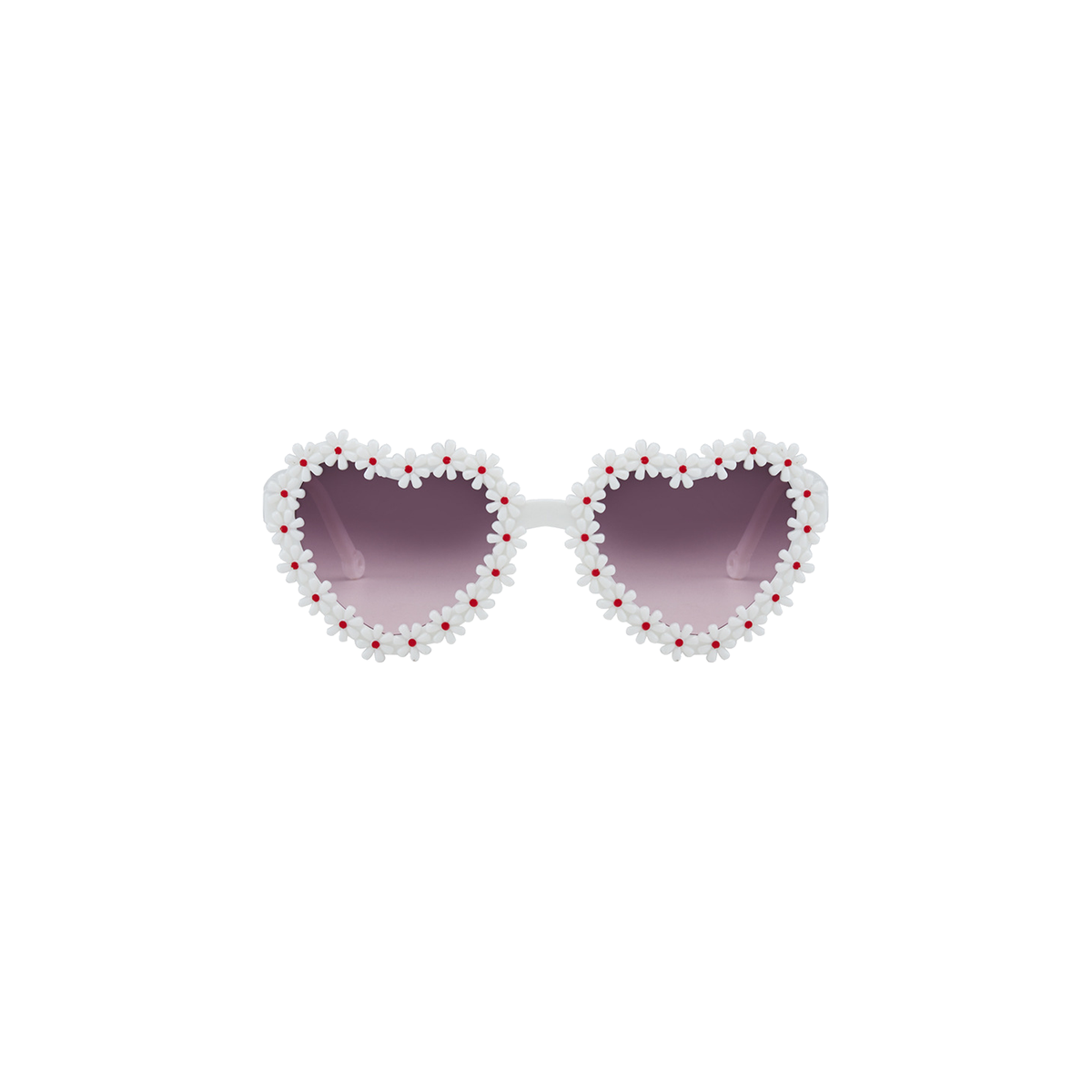 Lola heart daisy baby sunglasses in crisp white with red centres, heart shaped frames edged with little daisies