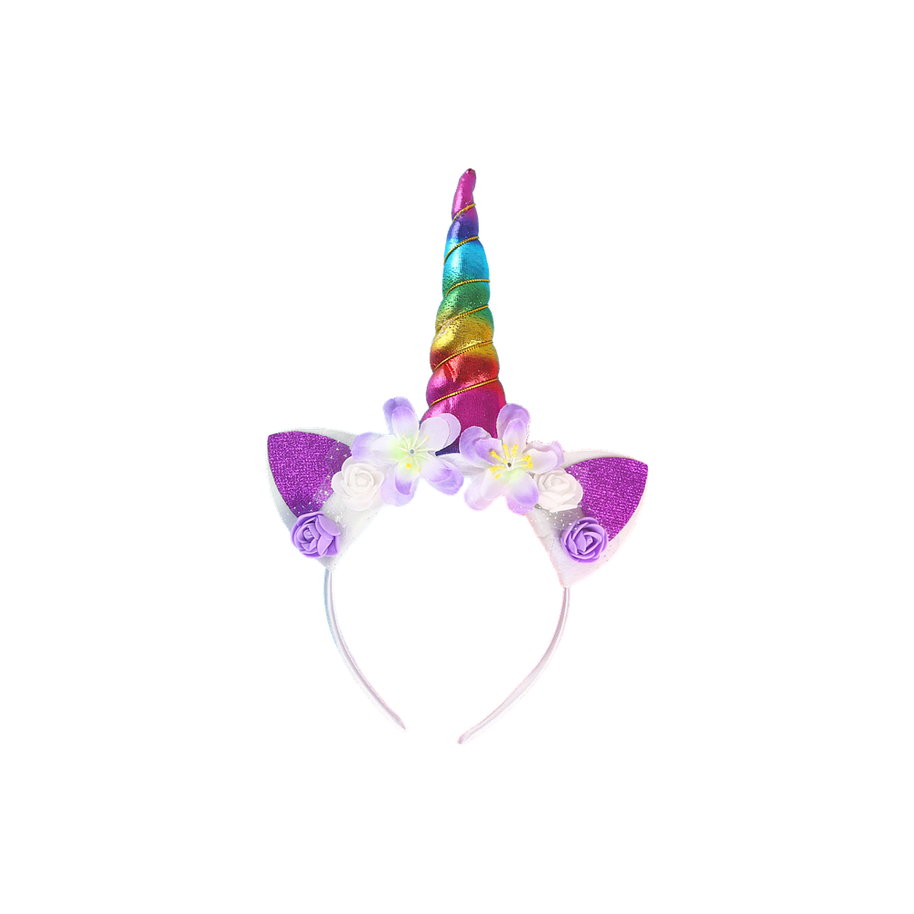 Luna unicorn horn baby headband in rainbow, shiny rainbow metallic fabric horn with glitter ears and flowers on a slim alice band, Sommerfugl Kids
