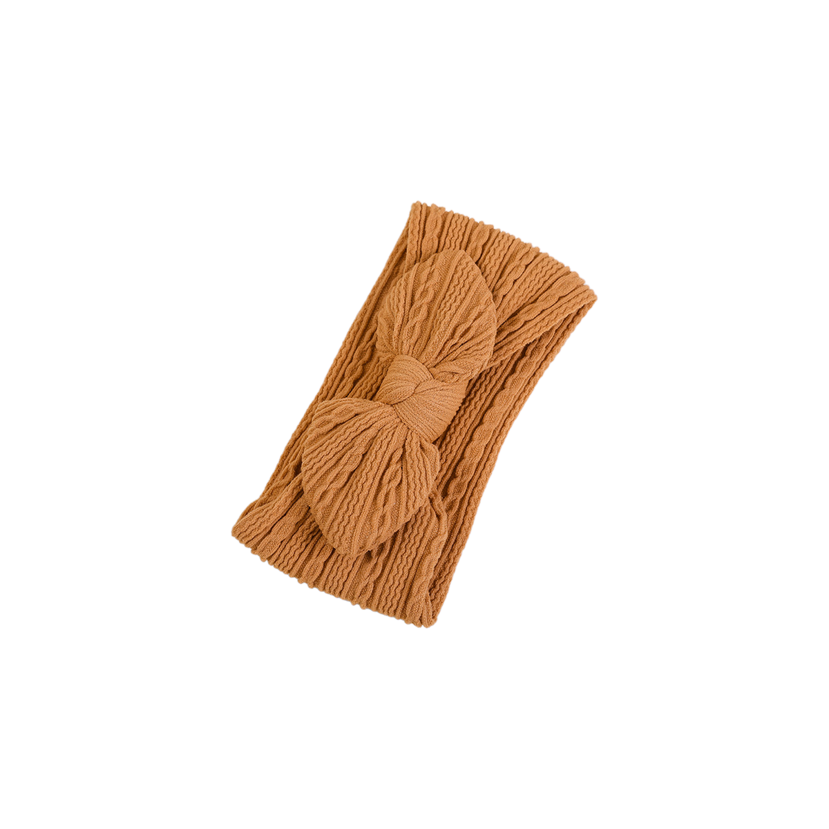 Mabel knit baby bow headband in brown, warm caramel brown