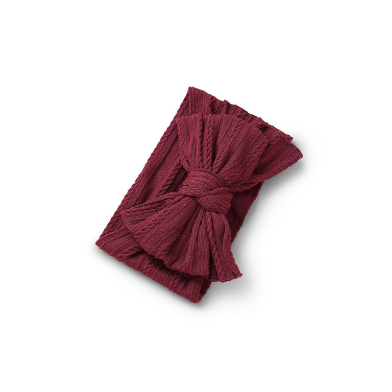 magenta red ribbed knit baby headband with re-tieable oversized double bow, designed for newborns and toddlers