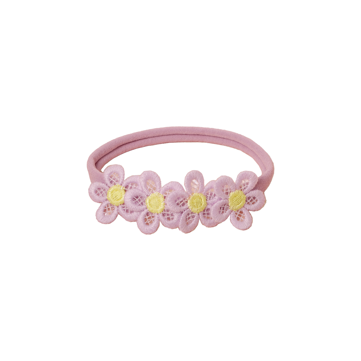 Maisie lace daisy chain baby headband in crepe, four dusty mauve embroidered lace daisies with yellow centres on a skinny nylon band, Sommerfugl Kids